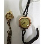 A marked 9ct rose and yellow gold cased wristwatch on a leather strap, together with a Timex