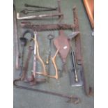 Pair of iron andirons, together with a pair of chimney crooks, crock hangers, and other items