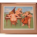 After Beryl Cook, a signed print of three nude ladies playing musical instruments, 34cm x 42cm