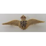 A marked 9ct gold RAF wings brooch with orange and blue enamel, weight (to include metal pin) 3.7g