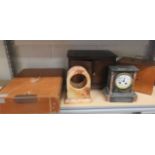 Collection of items to include a slate mantel clock, wooden boxes etc