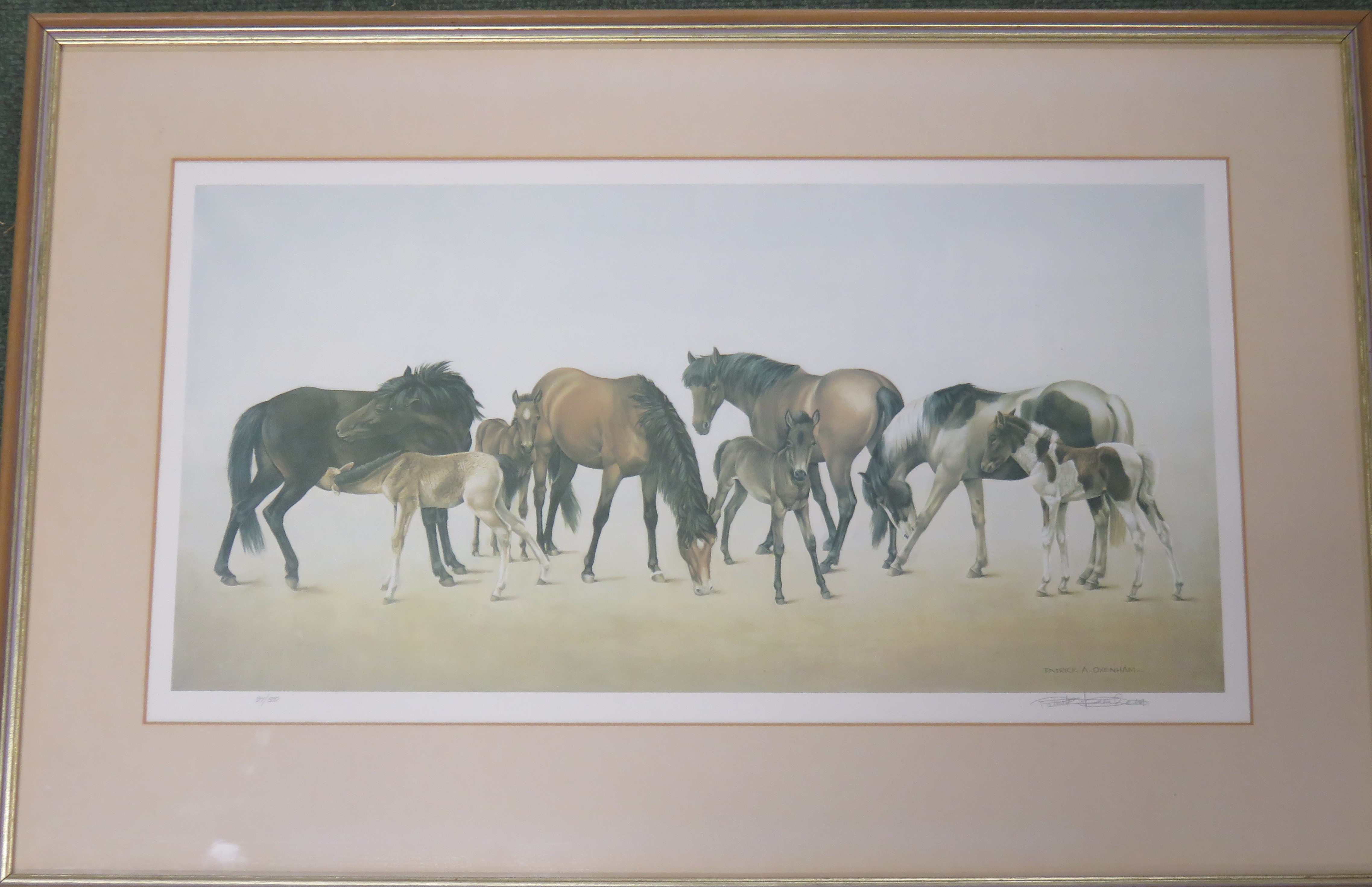 After Patrick Oxenham, a signed limited edition print no 27/500 of horses and ponies, 32cm x 61cm