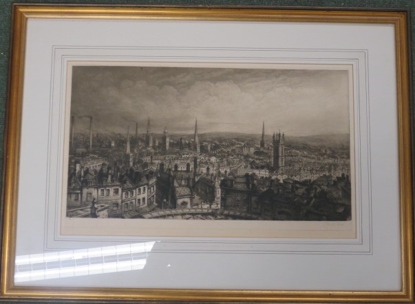 Charles Bird - signed etching titled The City of Churches from St Michael's, framed, 30cm x 51cm