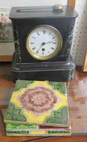 Slate mantel clock together with three tiles