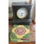 Slate mantel clock together with three tiles