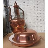 Large copper hot water jug, together with a copper dish and lid