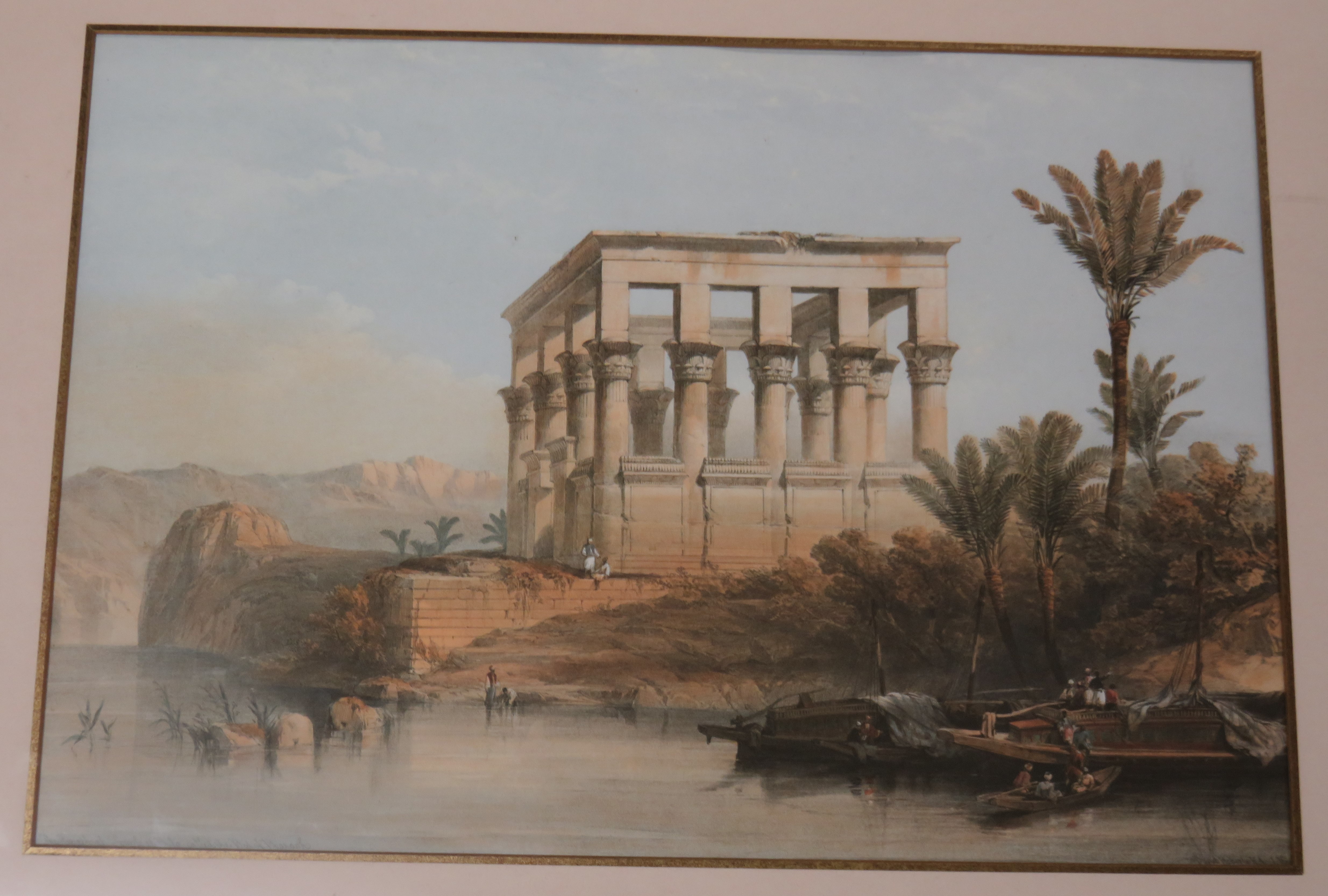 After David Hobert, a framed print with indistinct title of a temple on a mound, 33cm x 48cm