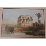 After David Hobert, a framed print with indistinct title of a temple on a mound, 33cm x 48cm