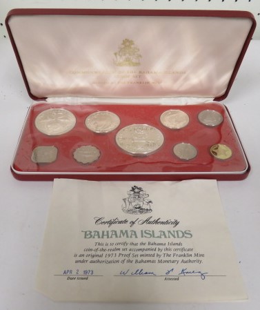 A cased proof set of Bahama Island coins, with certificate of authenticity