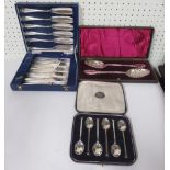 Pair of silver plated berry spoons, cased, together with a set of six EPNS tea spoons, and a cased