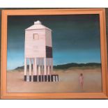 Attributed to Robin Rae, oil on canvas of a nude lady walking to Burnham on Sea lighthouse, 48.5cm x
