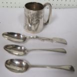 Silver miniature cup, hallmarked for Chester, 1922, together with three silver spoons, gross