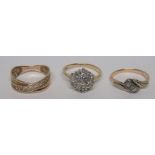 Two marked 375 gold and diamond dress rings, together with a marked 375 gold fancy cut band ring,