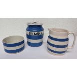 Three items of Cornish Blue Ware to include, a storage jar for Sultanas, a bowl and a jug (3)
