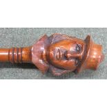 Victorian walking stick with carved finial head of a Gentleman's Head, wearing a hat, 88cm long