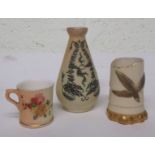 Three items of Royal Worcester to include a miniature cup with floral decoration, 3cm high, a
