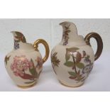 Two Royal Worcester flat back jugs, each florally decorated with an ivory and gilt ground and each