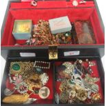 A box of costume jewellery to include a vintage boxed yellow metal Rotary wristwatch, and rings,