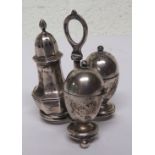 Silver salt and pepper pot, and mustard pot on stand, hallmarks indistinct, gross weight 3.4ozt