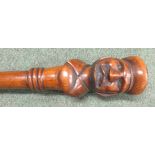 Victorian walking stick with carved finial head of a Gentleman's Head, wearing a hat, 87cm long