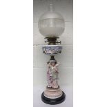 19th century continental oil lamp, with porcelain base with the reservoir with classical figures,