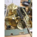 Quantity of brass and metalware, to include fireside items, a three sided brass jug etc