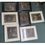 Three black and white sepia framed photographs of figures in conversation