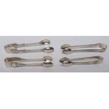 Three pairs of hallmarked silver sugar tongs, gross weight 1.3ozt, together with a pair of plated