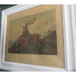 After J. W. Gillam, two framed prints of deer, together with prints of a hunting theme
