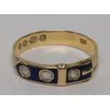 A hallmarked 18ct gold, diamond and navy blue enamel buckle ring, hallmarked for London 1920, ring