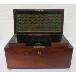 Rosewood tea caddy, with a fitted interior of two lidded divisions and glass bowl in the centre