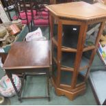 Oak occasional table table on barley twist legs, together with an oak corner display cabinet