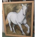 Emma Boulton, a oil on canvas of a white horse in gallop, framed