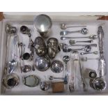 Collection of silver and silver plate to include a napkin ring, a sugar tongs, salt spoons etc,