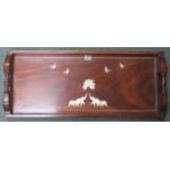 An oak rectangular tray with decorative bone inlay depicting elephants and birds, 61cm x 25cm