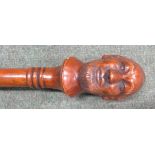 Victorian walking stick with carved finial head of a Gentleman, 88cm long