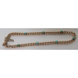 A marked 9ct rose gold curb bracelet, set with six turquoise coloured stones, the length