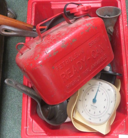 Petrol can, kitchen scales and other general miscellanea