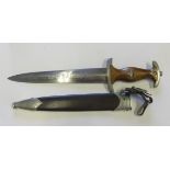 S A Dagger blade 21.5 cms apx O/L 34.5 cms apx. The blade etched 'alles fur Deutschland' on one side