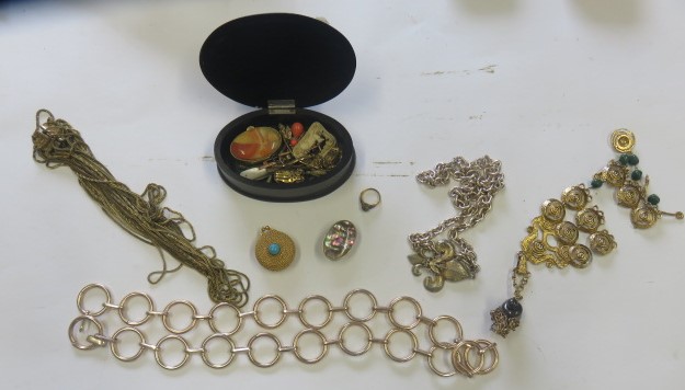 A collection of vintage and modern costume jewellery to include a marked 18ct ring, a marked 9ct