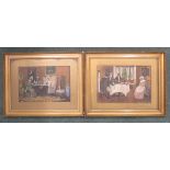 Two framed watercolours of figures in conversation