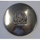 Circular Military style pin back plaid broach in white metal. Open centre with crowned lion within