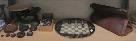 Quantity of general miscellanea to include a chess board, a set of weighing scales, a Gladstone