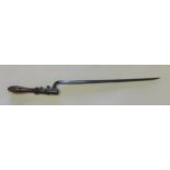 An unidentifiable socket bayonet similar to the 1853 pattern socket bayonet with locking ring. Blade