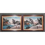Pair of Japanese pictures on glass of landscape scenes