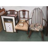 A single ercol rocking chair together with another single chair, a stall and four pictures