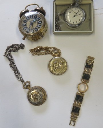 A collection of three pocket watches on chains, a travel clock and a decorative watch bracelet