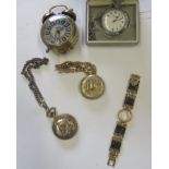 A collection of three pocket watches on chains, a travel clock and a decorative watch bracelet