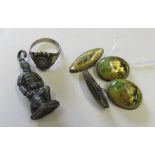A 925 dress ring, a pair of cufflinks and a solider figurine