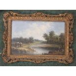 Oil on board of a river setting with figures, in a decorative gilt frame